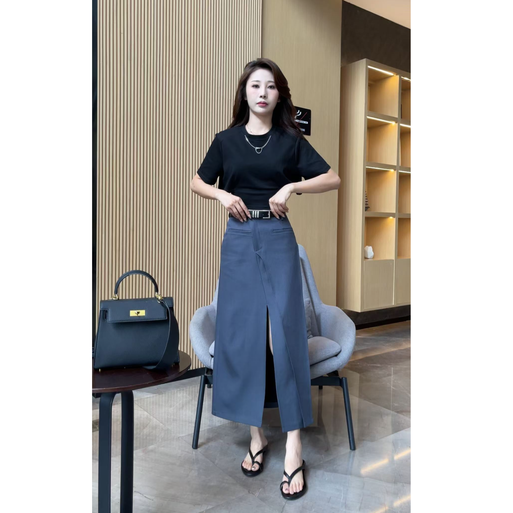 【梦婷家】西装半身裙女新款不规则高腰宽松休闲裙开叉-25893