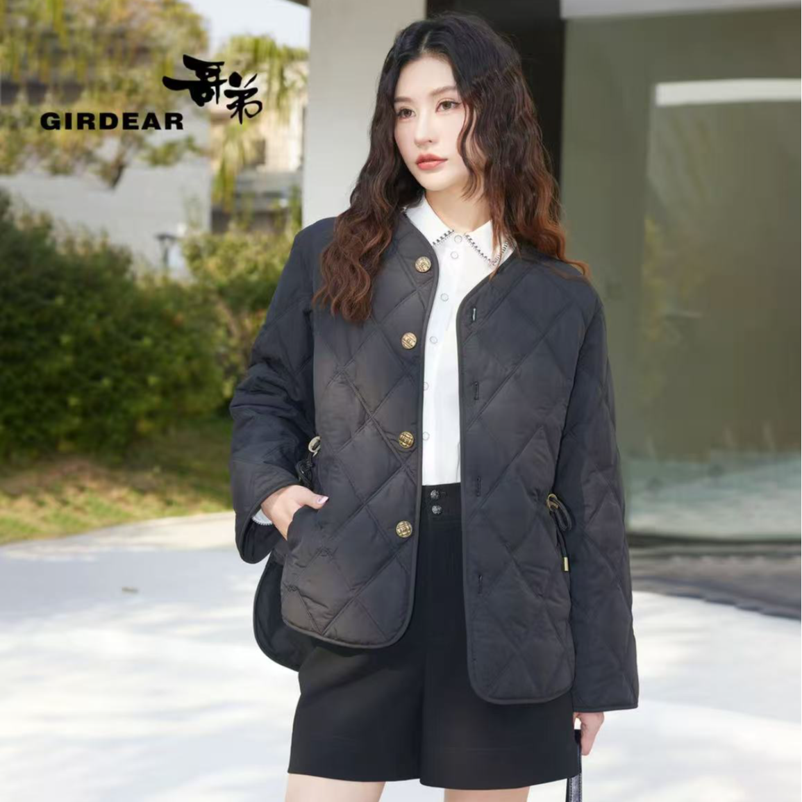 GIRDEAR/哥弟常规款百搭圆领棉服棉衣修身黑色秋冬潮流1400648