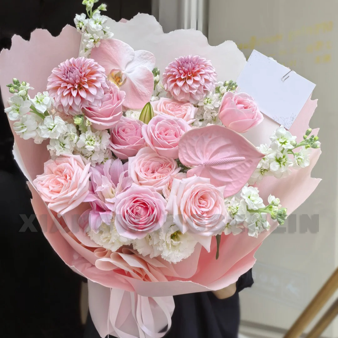 有花样【慢情歌】9朵粉玫瑰大丽花混搭花束生日节日纪念日约会送女友老婆闺蜜鲜花小时达同城花店送花上门