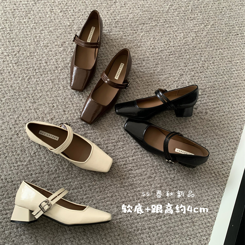 法式方头气质粗跟玛丽珍鞋女2025新款百搭纯色高级感单鞋616-2