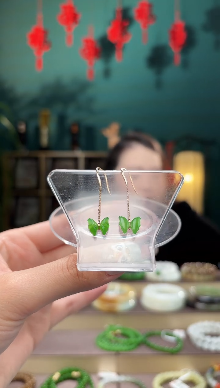 【闪购商品】和田玉耳坠18K金镶嵌蝴蝶耳坠