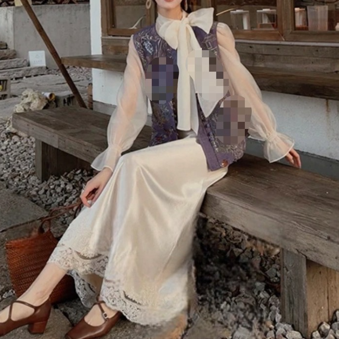 【紫嫣凝瑞】静奢优雅套装闪光纱飘带衬衫+缎面花边半裙+马甲套装