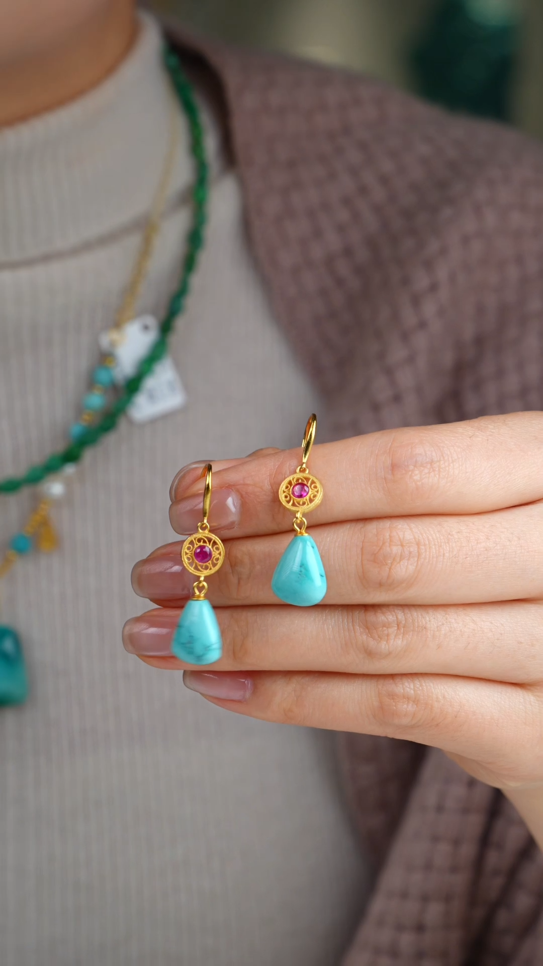 【闪购商品】绿松石耳环银S925镀金镶嵌1