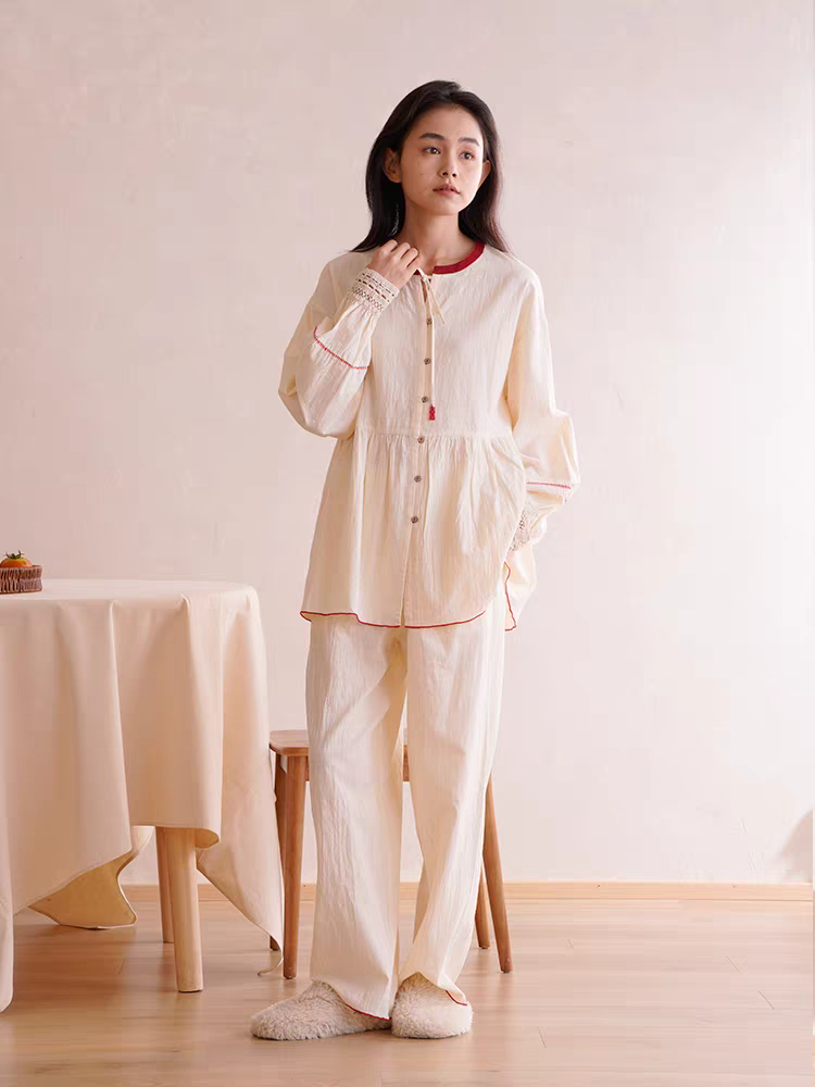朵朵·可可睡衣女春秋季2024新款竹节棉喜气刺绣结婚长袖长裤套装