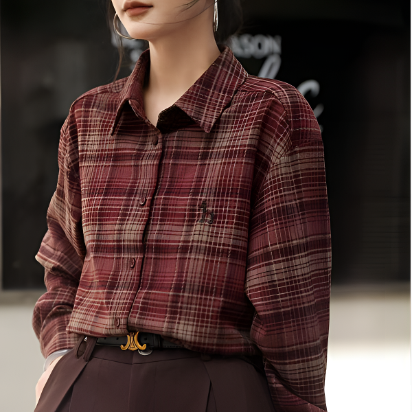 （小红马）韩版时尚大版秋季格子女衬衫宽松经典高级感红色格纹衬衣
