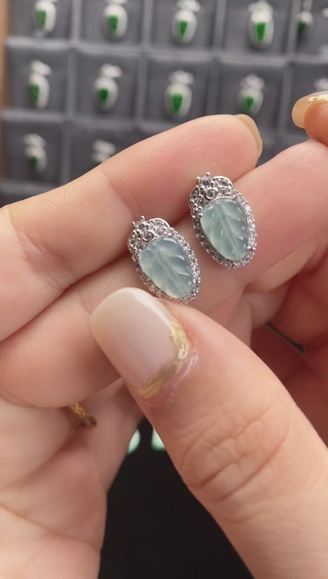 【闪购商品】翡翠耳饰银S925镶嵌天然A货冰种翡翠叶戒指