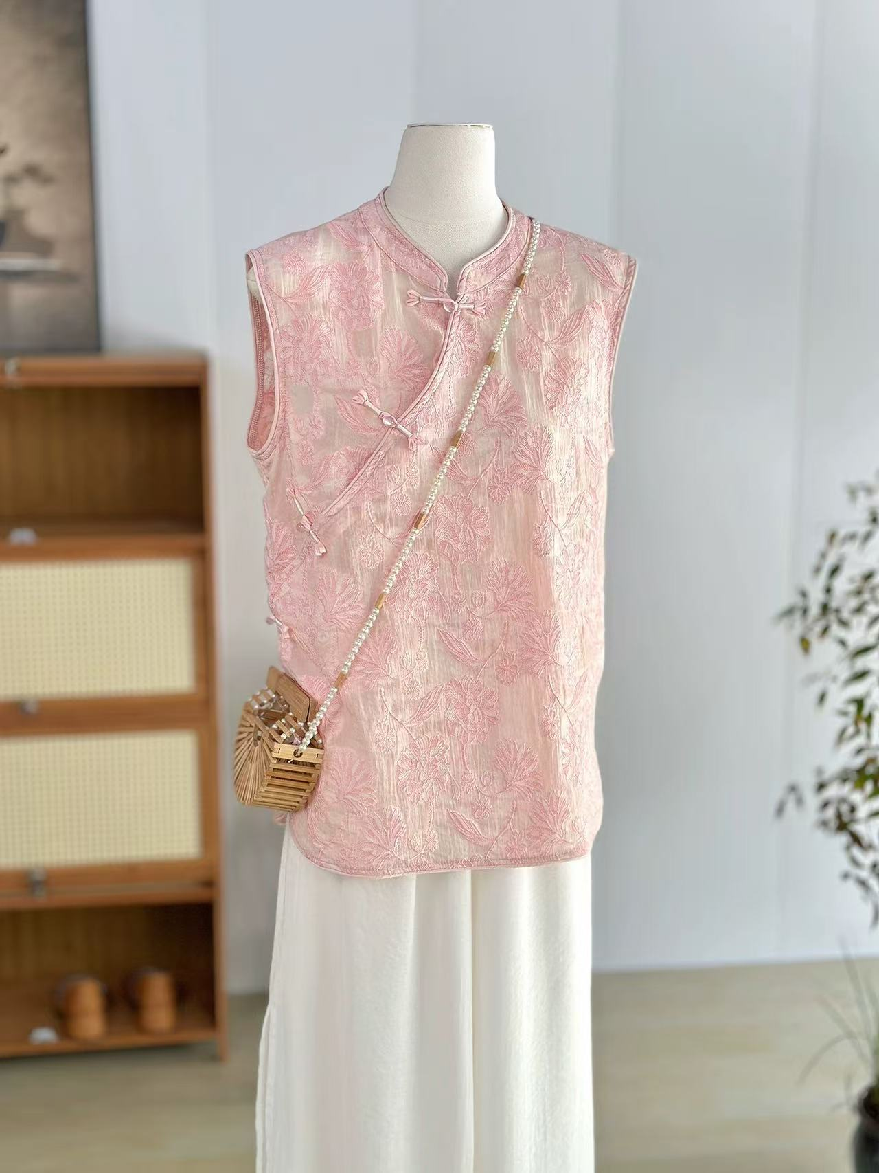 【将军工厂店】衬衫新中式宽松型上衣无袖薄款夏季网红提花立领蕾丝