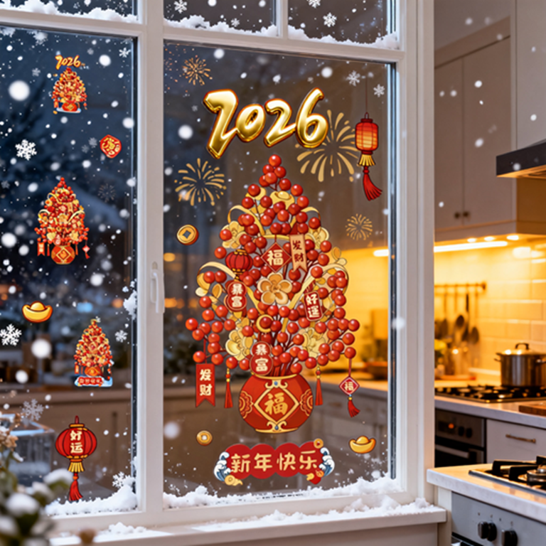 2026年新款新年发财树静电贴窗花新春特别氛围