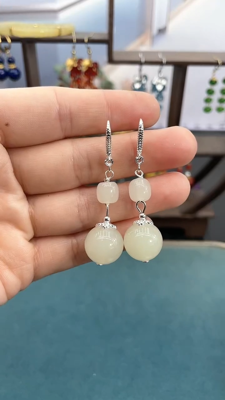 银S925镶嵌和田玉耳饰14mm白玉双珠