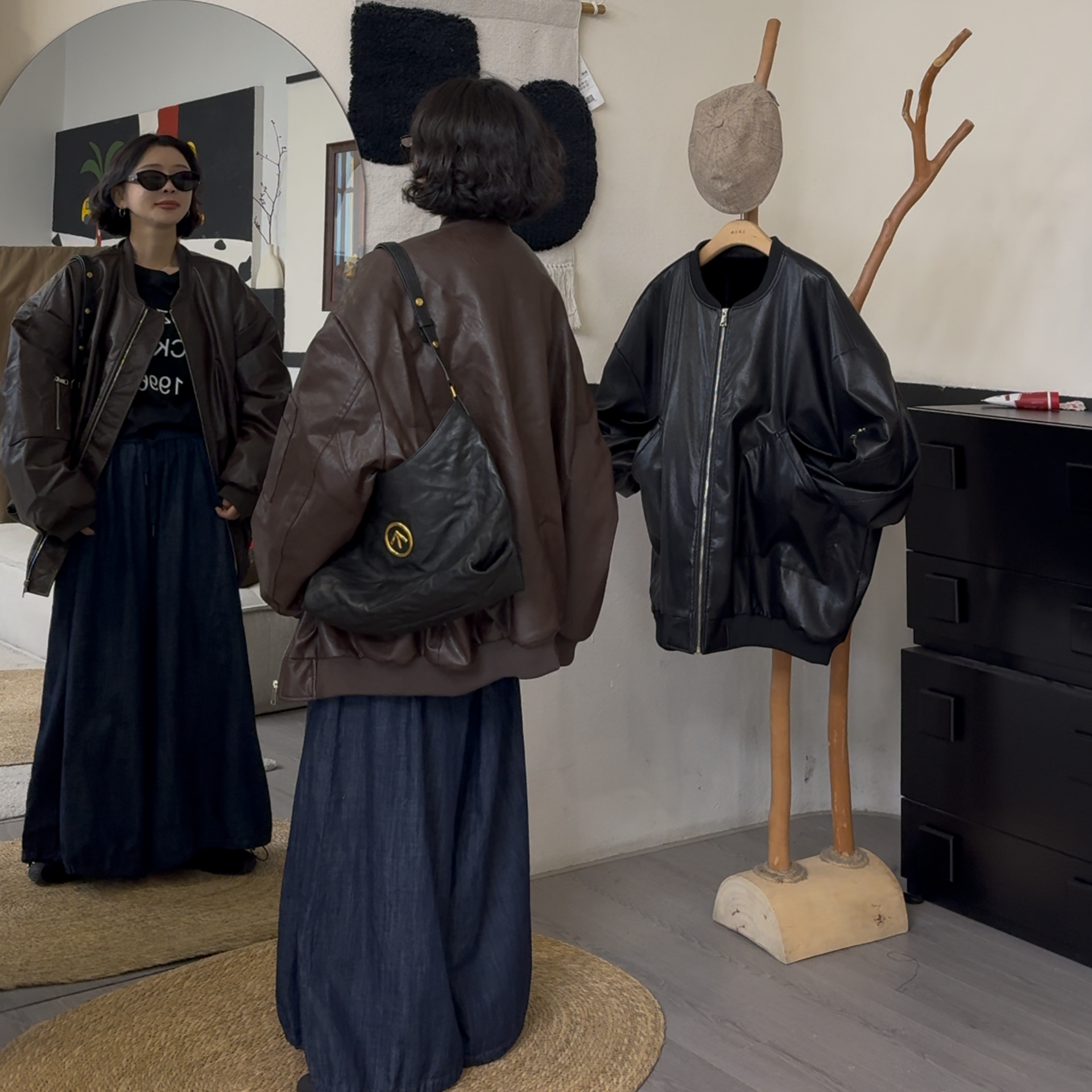 橘子罐头24新款时尚休闲百搭复古ins双色宽松韩版冬季皮衣外套