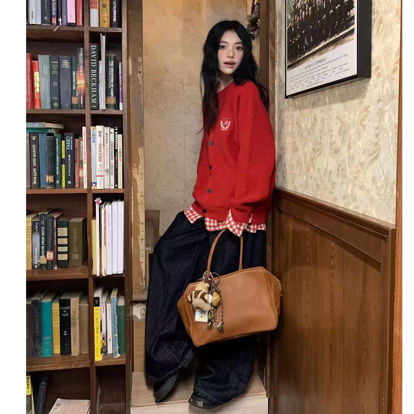 假两件拼接格子毛衣女秋冬设计宽松开衫➕加绒牛仔裤套装90527