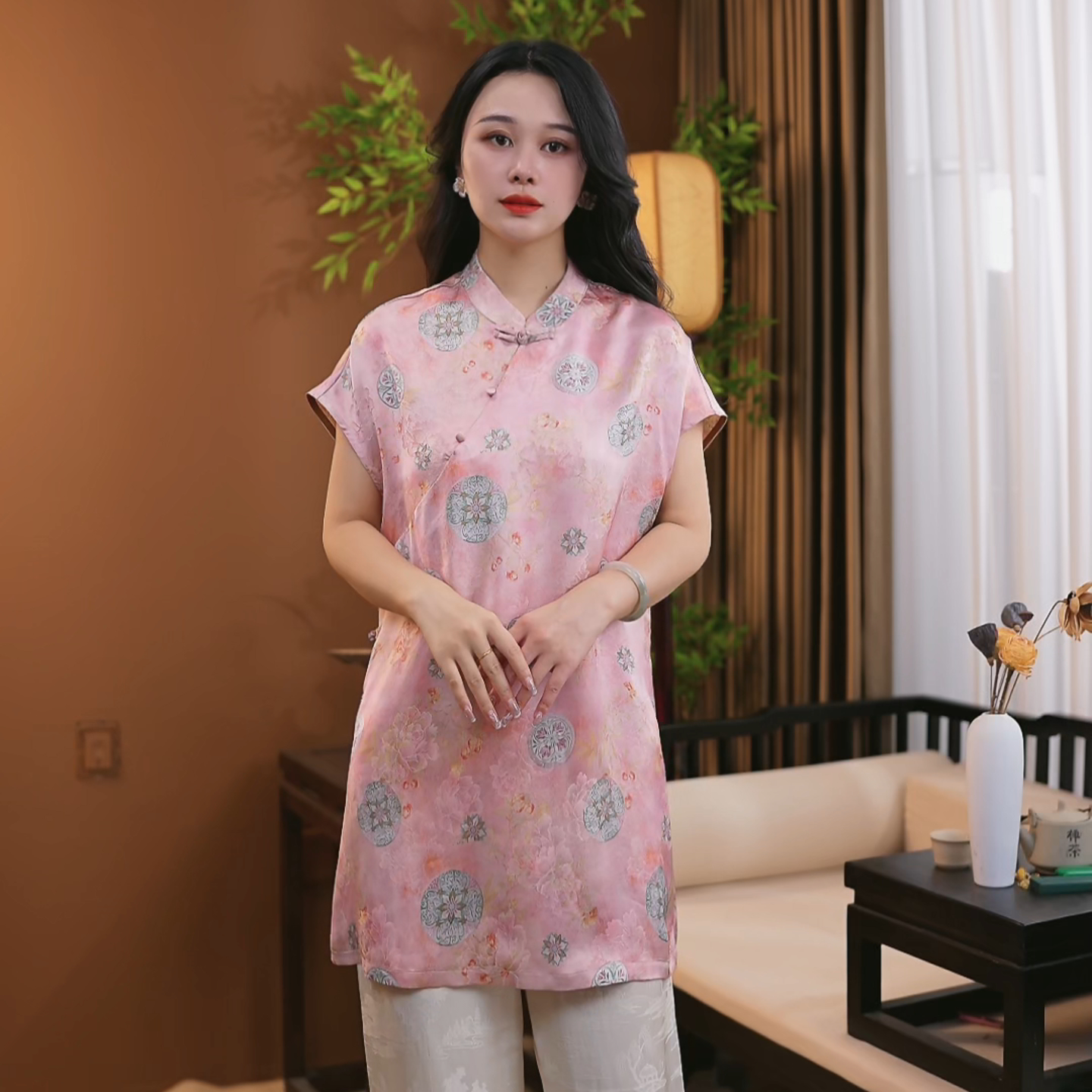 夏季新中式桑蚕丝盘扣短袖时尚提花中国风百搭上衣女S224