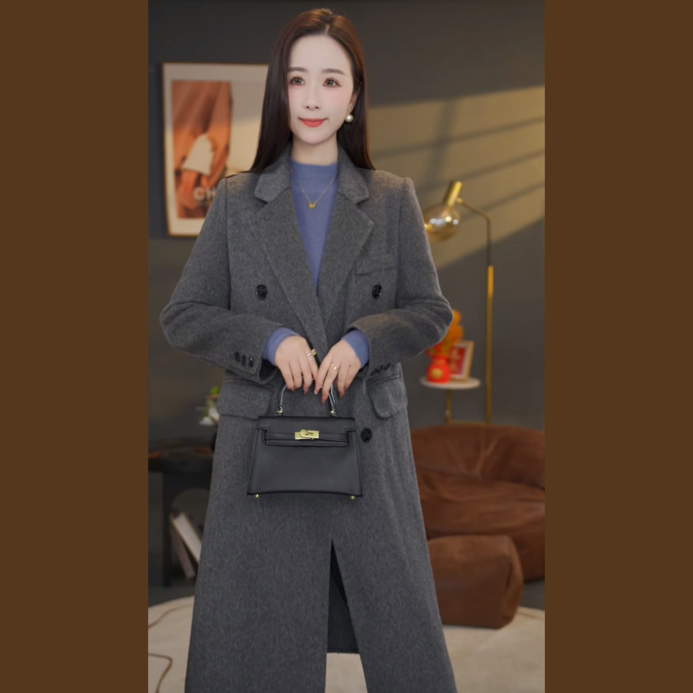 【杨杨专属】曼贝大师系列100%澳毛双面呢大衣新款8584001烟灰色