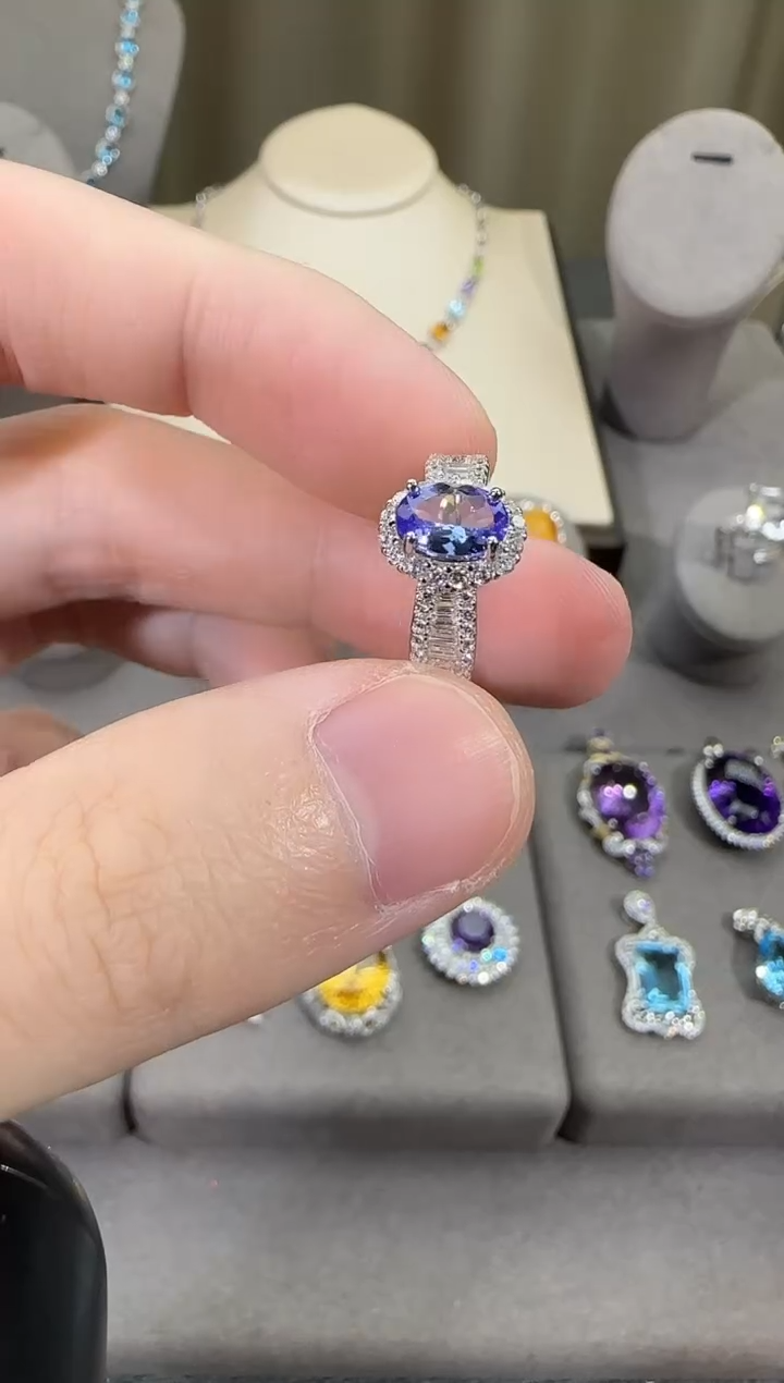 银S925镶嵌戒指坦桑石6*8mm戒指简约款