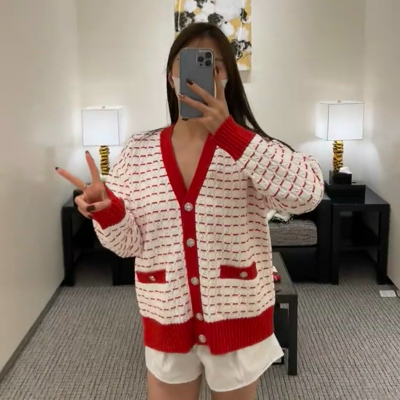 99新 Chanel/香奈儿 38码23C红白条纹钻扣针织开衫