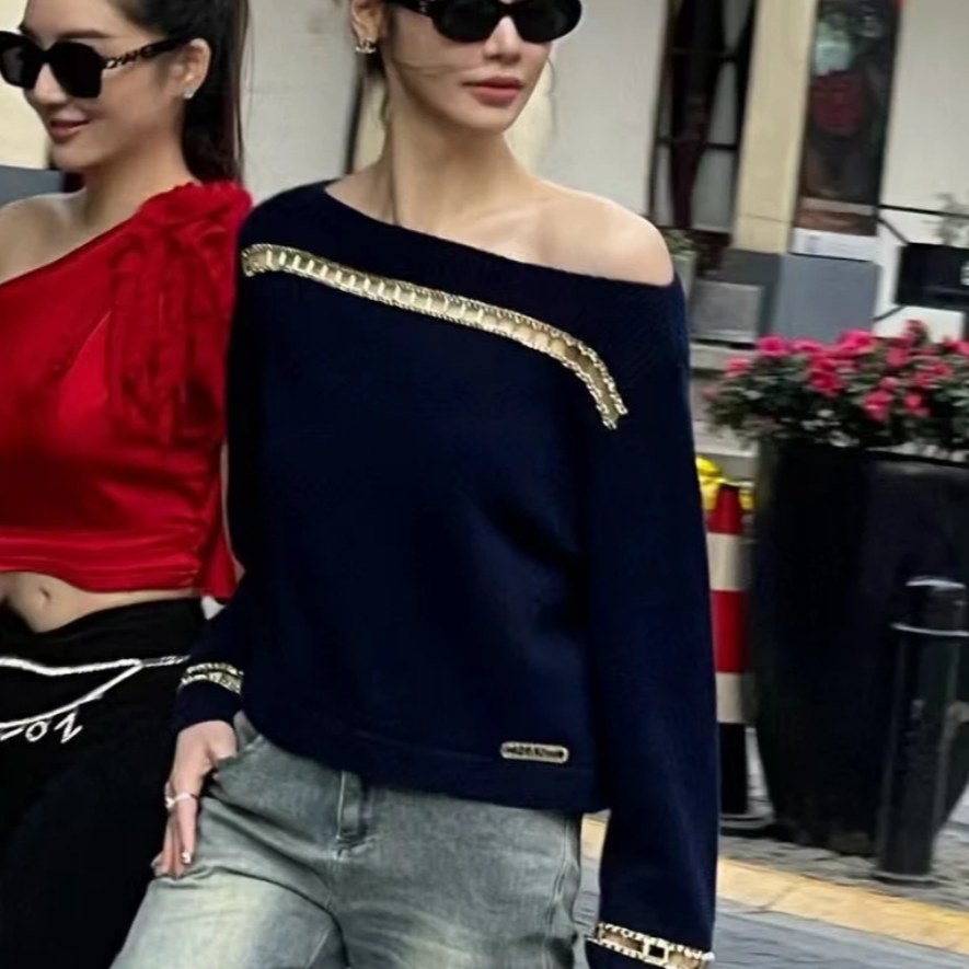 99新 Chanel/香奈儿 34码20C藏蓝色羊绒针织金属镂空一字领上衣