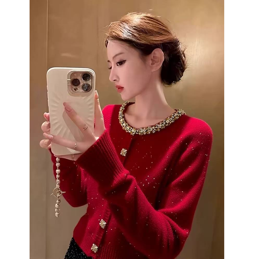 小香风烫钻红色毛衣秋冬圣诞新年氛围感穿搭高级感针织上衣#9565