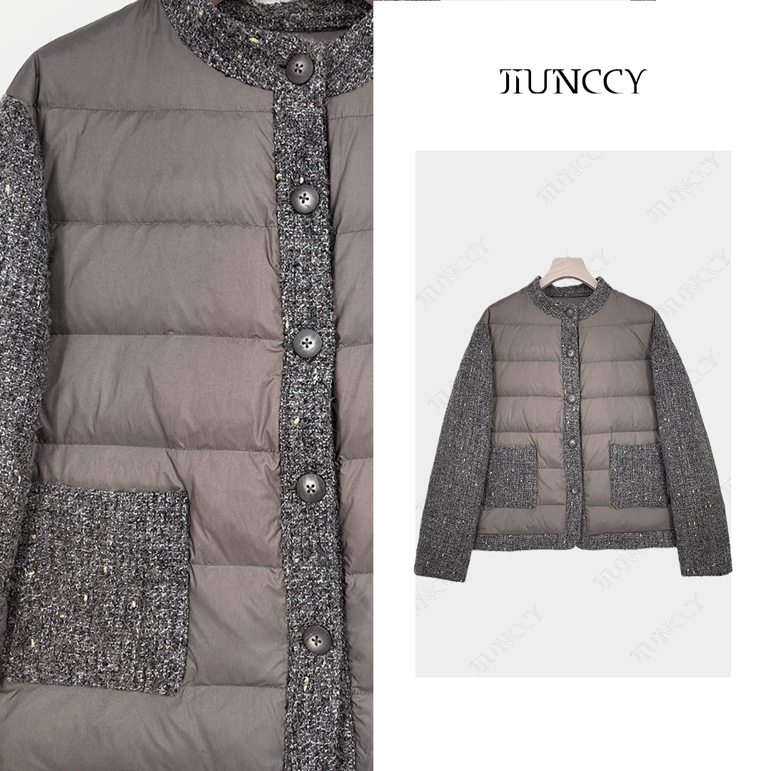 JIUNCCY【金羽】羊毛混纺粗花呢拼接90白鹅绒金豆纱羽绒服52YYRF003