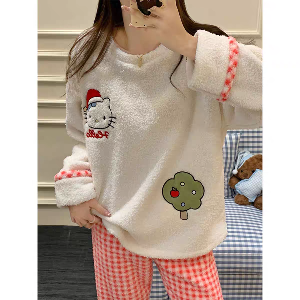 睡衣秋冬季开衫甜美加厚保暖半边绒家居服白色KT上衣红色格子裤