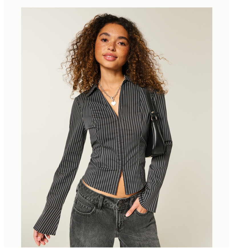 Hollister25秋冬Y2K收腰系带府绸喇叭袖衬衫女装340-5490