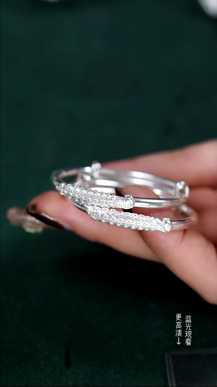 珐琅足银999繁花凤凰宝宝手镯一对