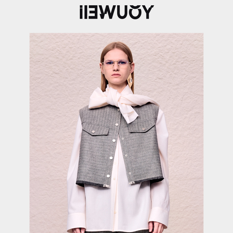 有尾YOUWEI 人字纹羊毛毛边pu马甲 Y3624308小香风气质时尚女士