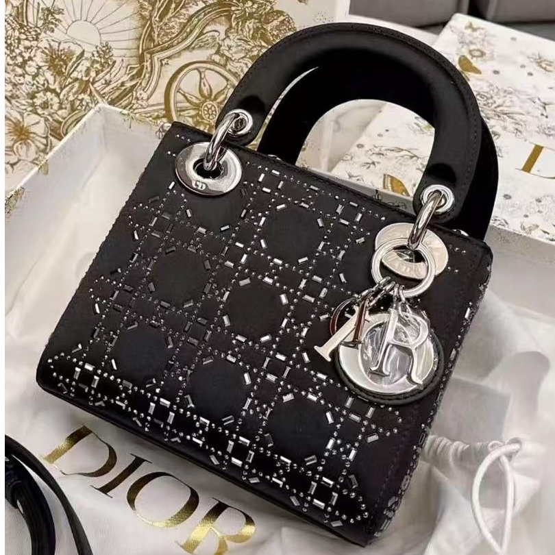 未使用 DIOR/迪奥 三格戴妃缎面黑银/优品