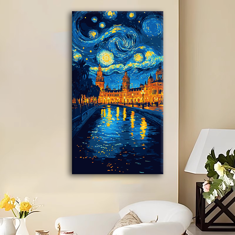 ( 大尺寸塞维利亚星空）diy数字油画红线条手工涂色解压丙烯装饰画