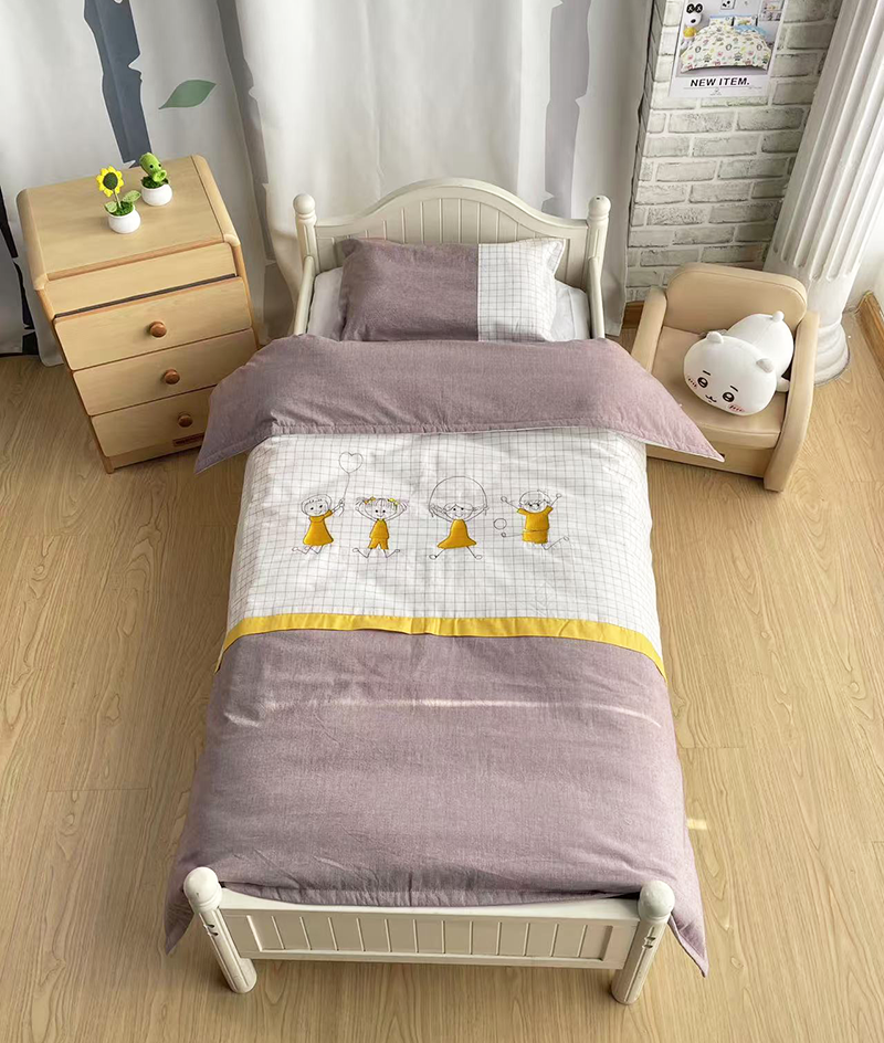 幼儿园儿童100%纯棉格子刺绣被套夹棉三件套六件套