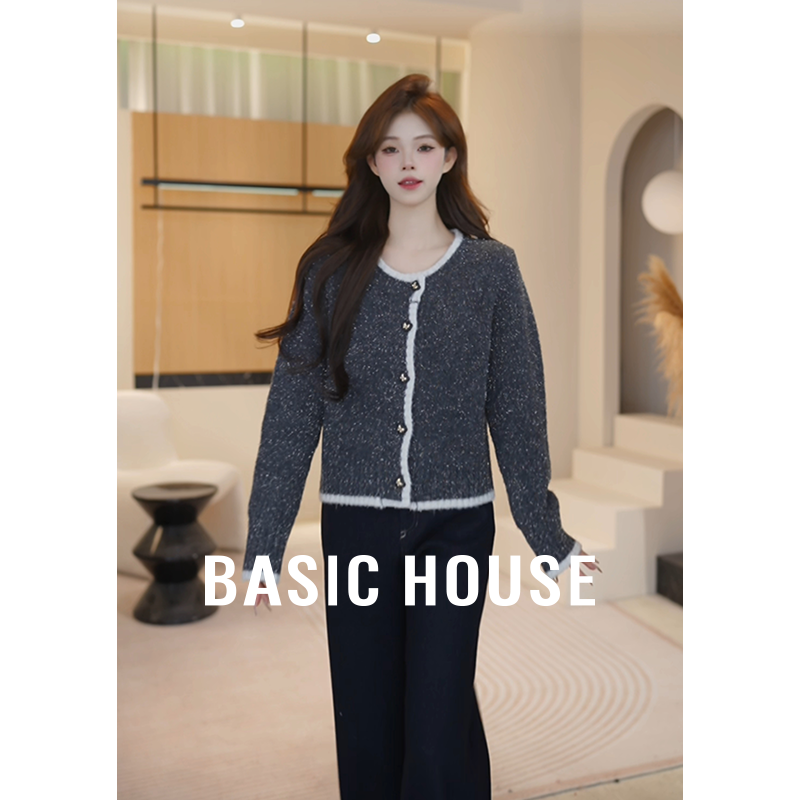 Basic House/百家好冬季新款细闪气质宽松针织开衫B1195B51H62