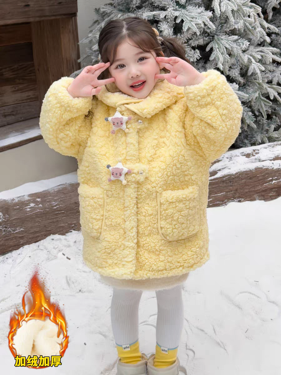 女童加绒加厚外套冬装新年款保暖毛毛大衣女宝洋气连帽好看上衣服