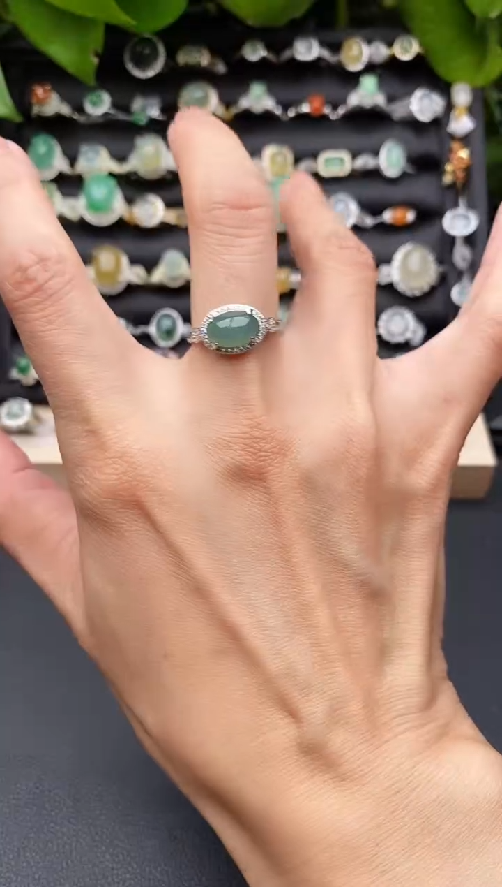 【闪购商品】翡翠戒指银S925镶嵌缅甸天然A货翡翠33   3-2