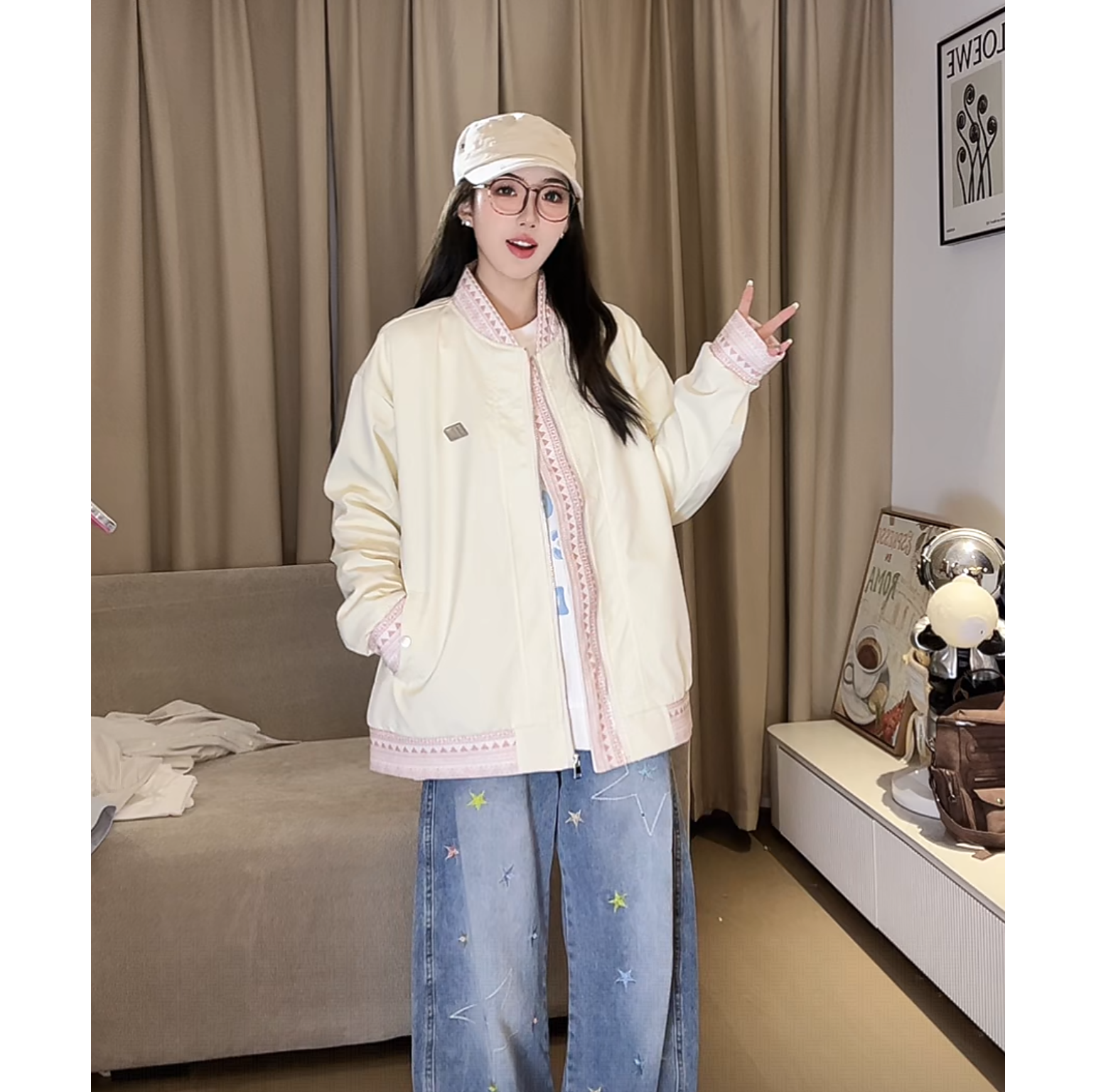 美式复古飞行员夹克男女春秋季杏色棒球服外套国潮休闲宽松夹克衫