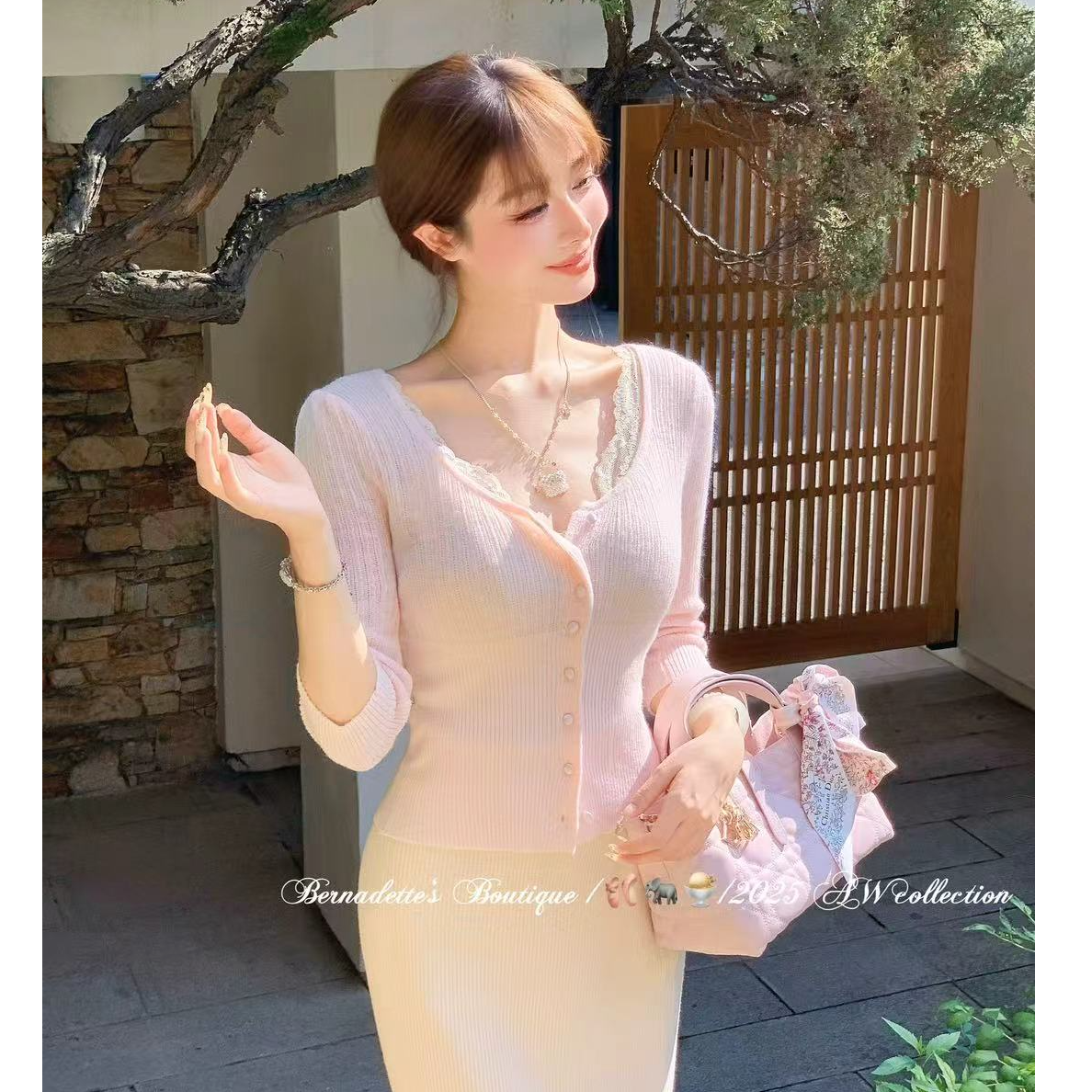 蕾丝拼接V领针织衫女秋冬荷叶边收腰显瘦气质内搭上衣25472