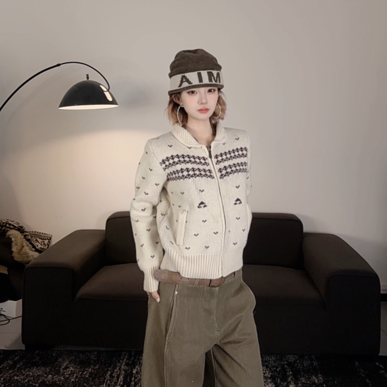 25暖系复古费尔岛提花针织衫开衫毛衣外套