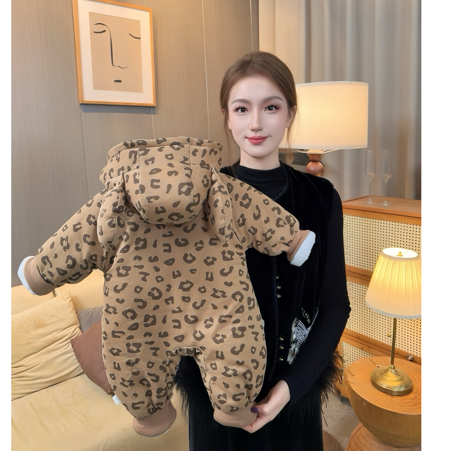 豹纹连帽婴幼儿连身衣宝宝连体衣哈衣爬爬服冬季保暖棉衣棉服