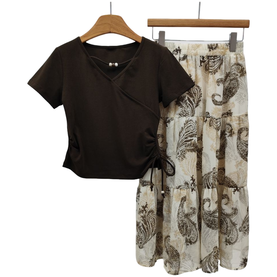 YITONG/倚桐2025夏季时尚气质抽绳棉T印花半身裙两件套（E5666578）