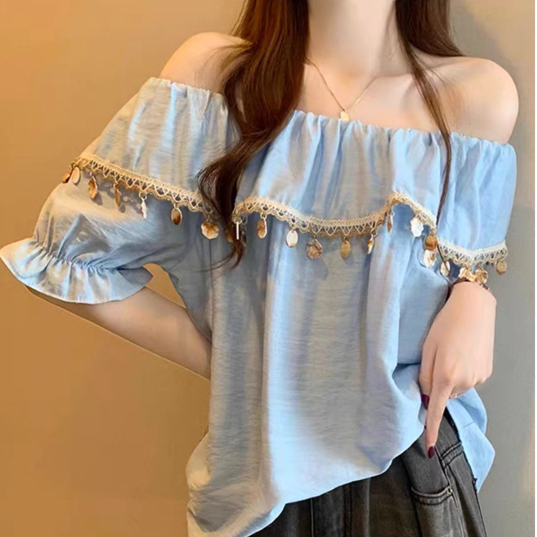 【艾萱萱】25819款一字领法式娃娃衫短袖衬衫 约62