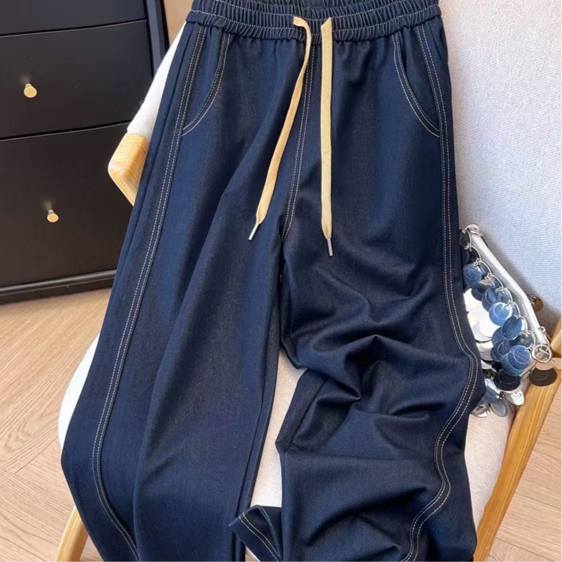 普洗蓝秋季宽松显瘦直筒裤6615