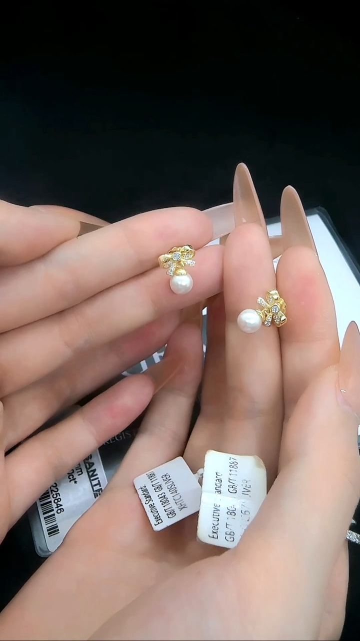 合成碳硅石925银莫桑 蝴蝶结珍珠耳钉MSPE.002J