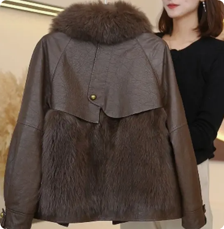 海宁女士冬装皮毛一体拼接外套加绒加厚时尚百搭短款外套YX111407