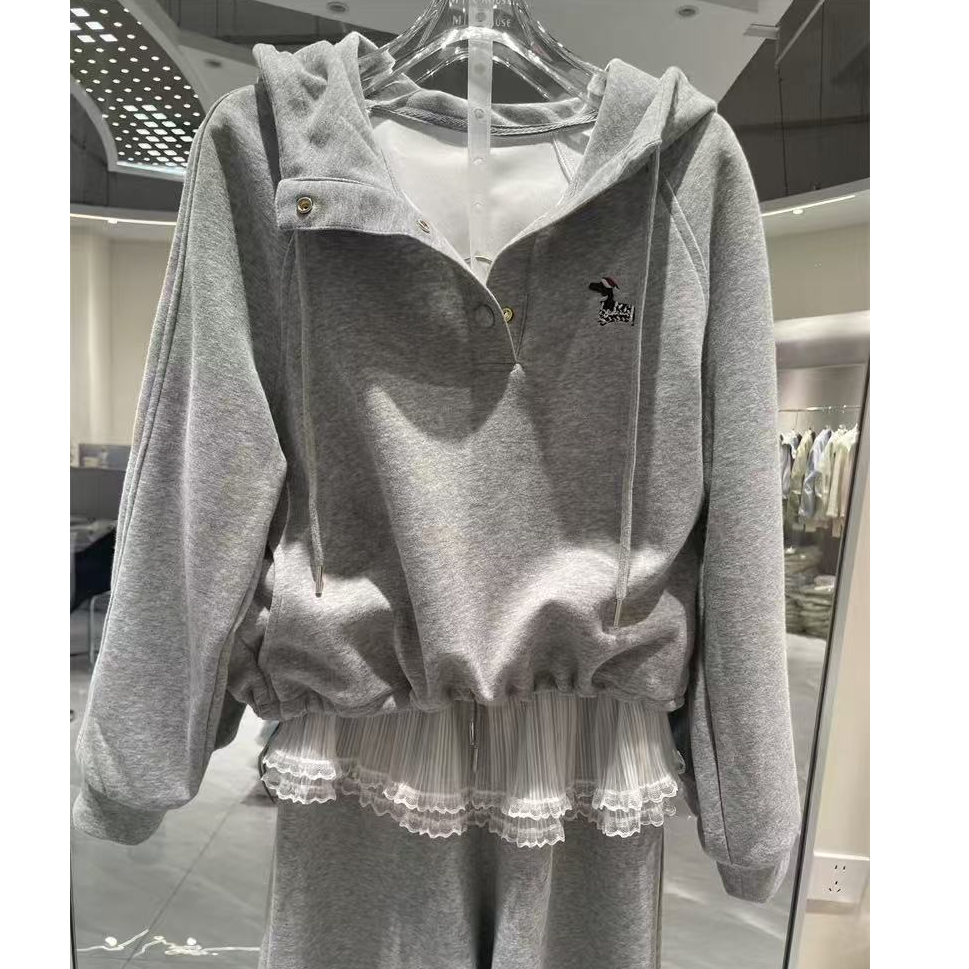 2025春款宽松连帽卫衣蕾丝拼接减龄休闲两件套装