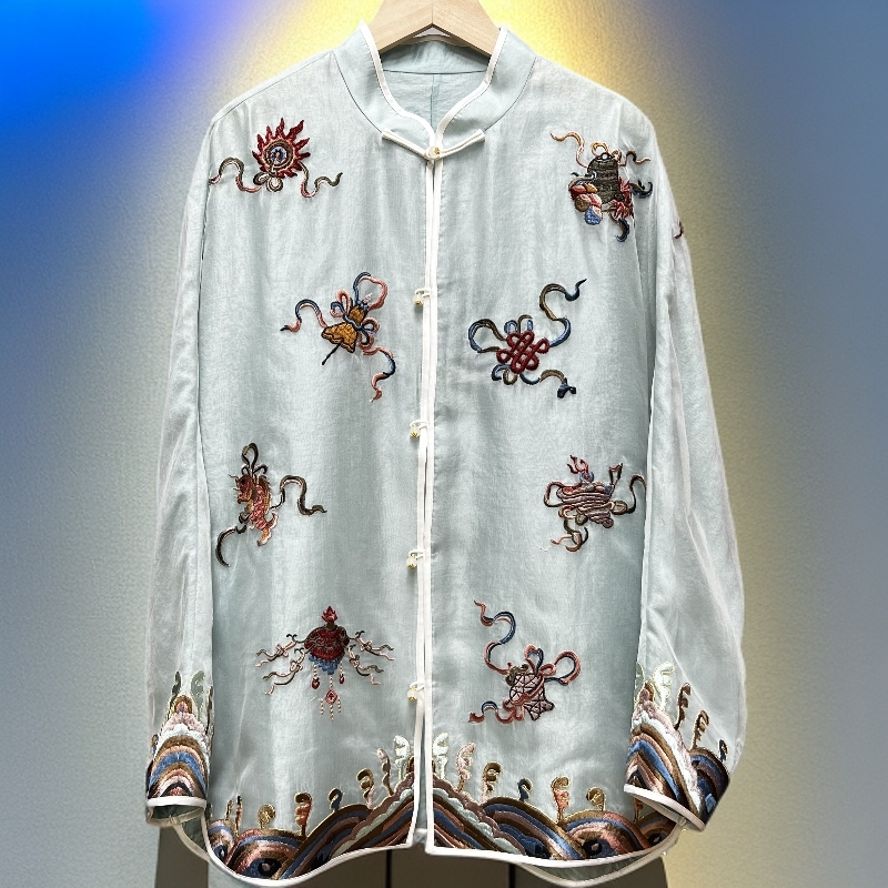 八宝献福 - 桑蚕丝欧根纱重工刺绣！新中式立领对襟防晒透气外套