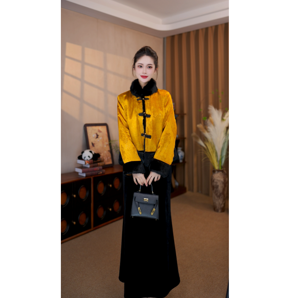 【望江南】新中式改良国风拼接獭兔毛提花外套G8871