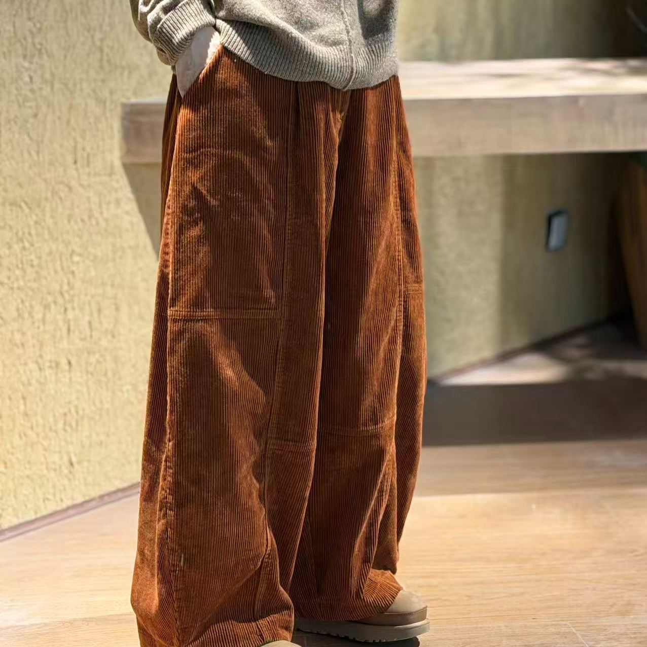 2025秋冬季新款色织坑条双层休闲裤250925百搭宽松时尚松紧腰复古