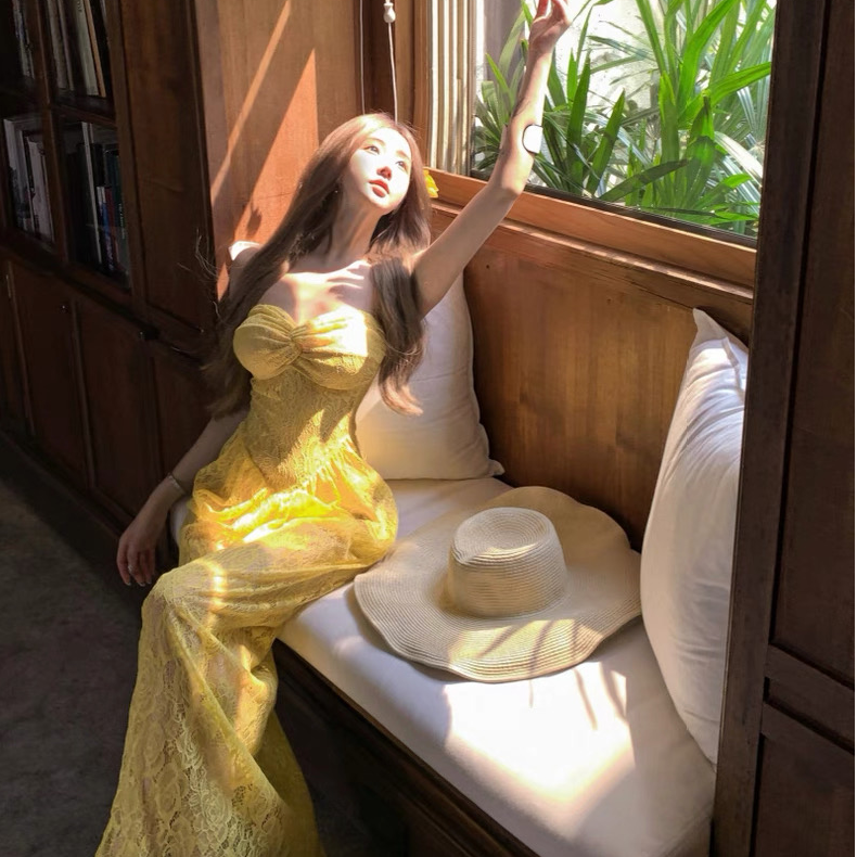 FMY/比基尼女黄色长裙碎花显瘦气质性感法式小众夏季纯欲泳衣女