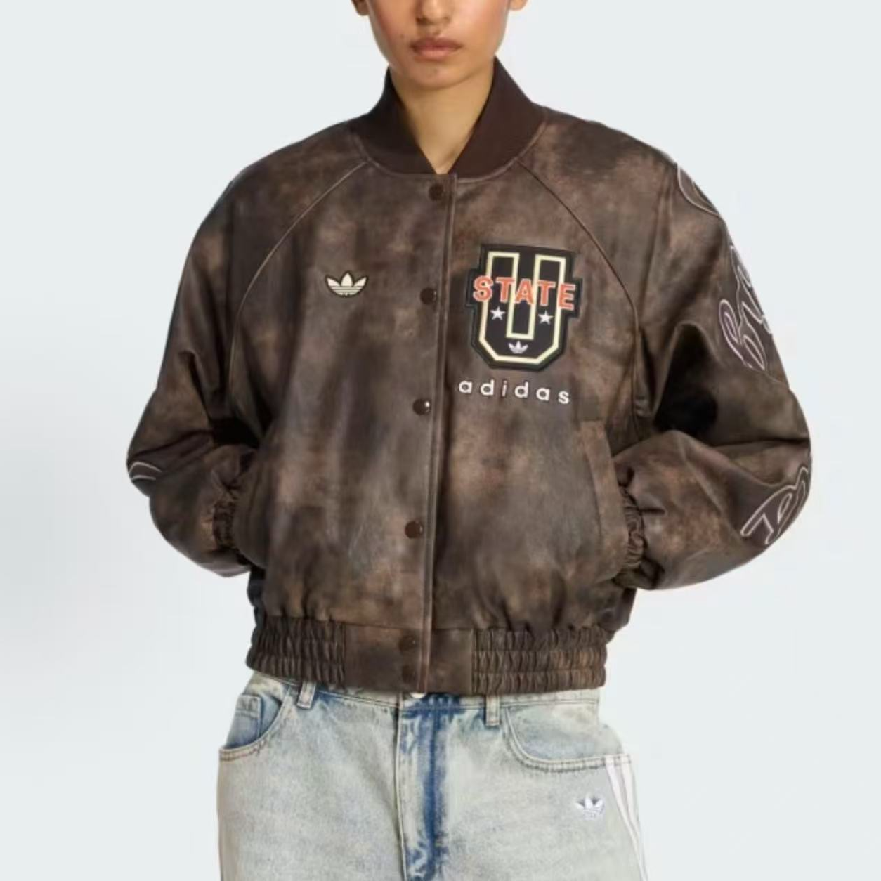 adidas三叶草  字母复古仿皮梭织飞行员夹克 女款 KF2307 3