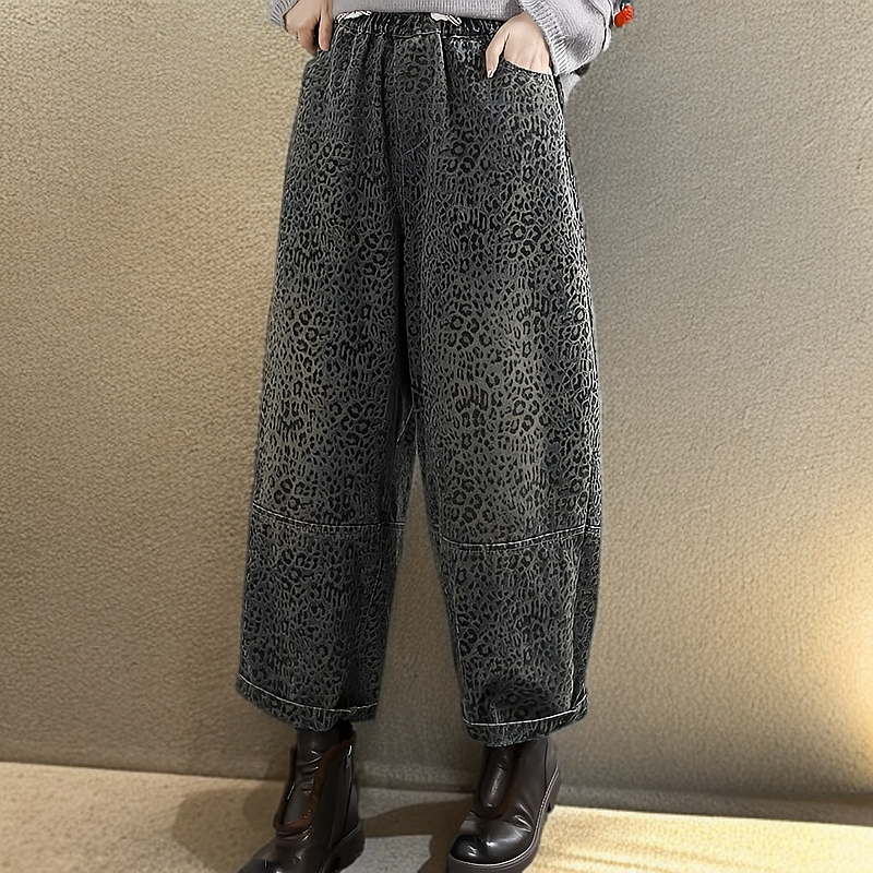 2025早春新款豹纹时尚高腰复古女牛仔小哈伦长裤水洗九分老爹裤