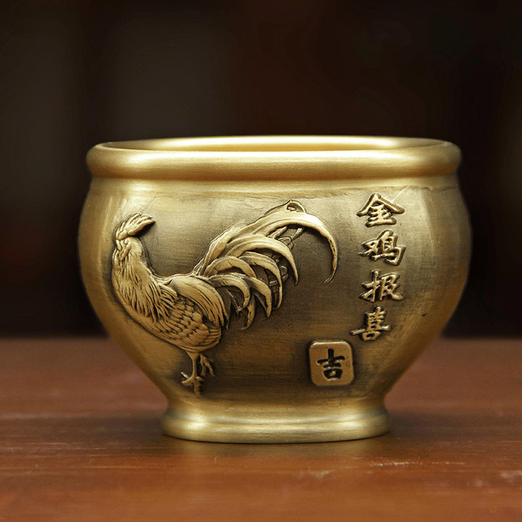 壹心铜 黄铜《金鸡报喜吉杯》百福杯茶桌创意摆件供桌小茶杯酒杯