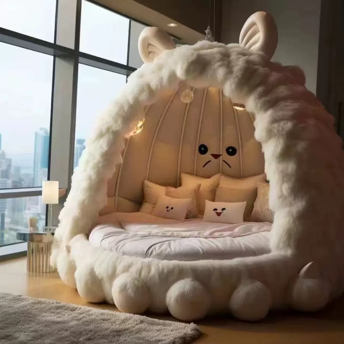 【迎奢】狸猫造型床可爱猫创意床亲子主题酒店家具圆形大床床毛绒